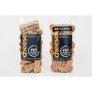 Cheese & Natural Yeast Extract dog biscuits available in two sizes