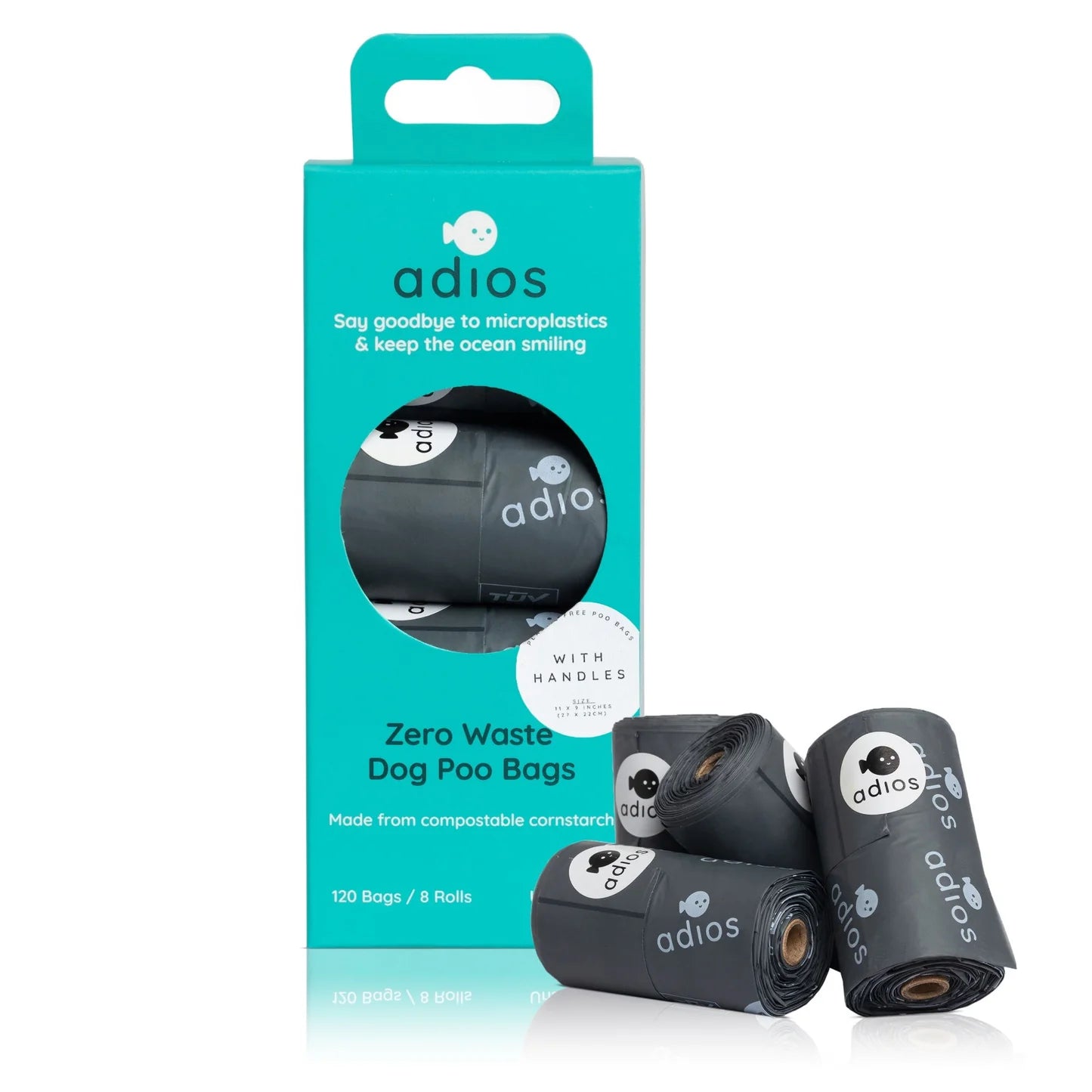 Adios compostable dog poo bags in grey