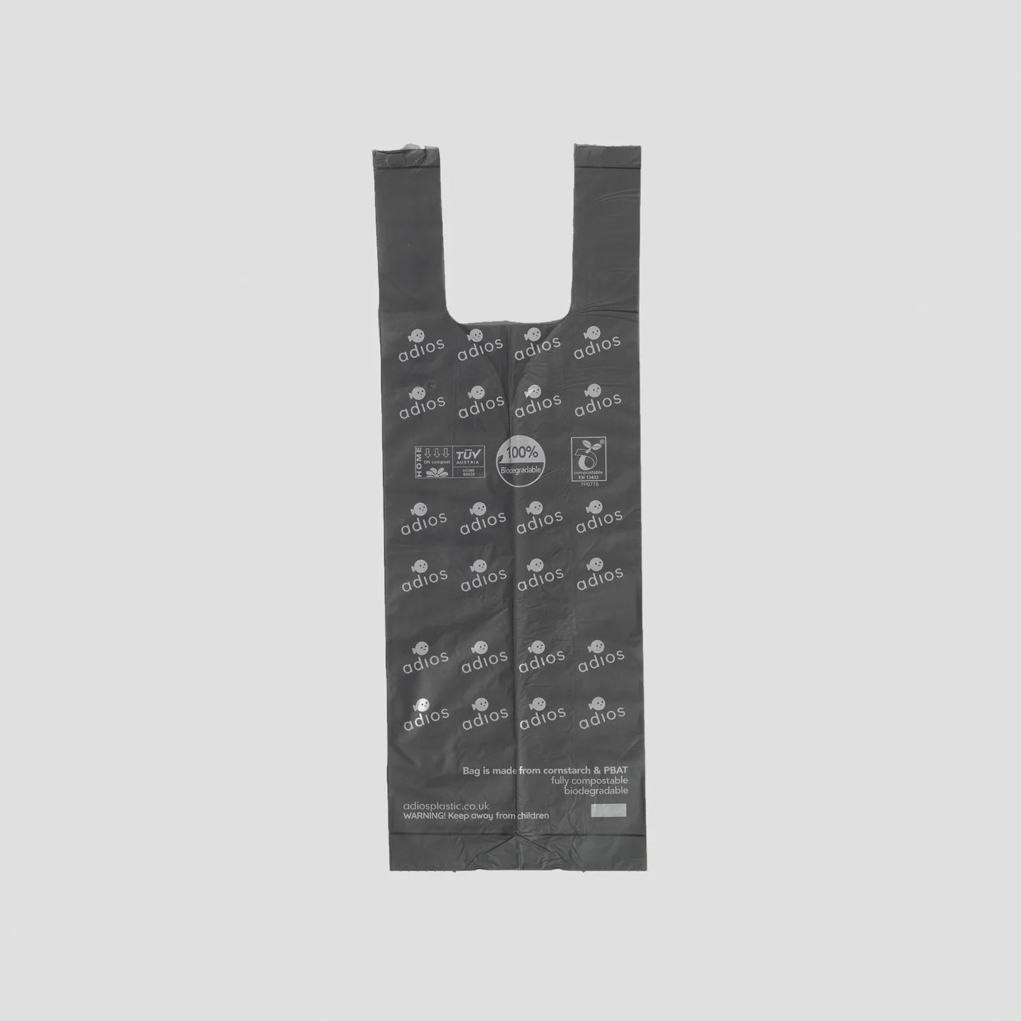 Adios compostable dog poo bags with tie handles in grey